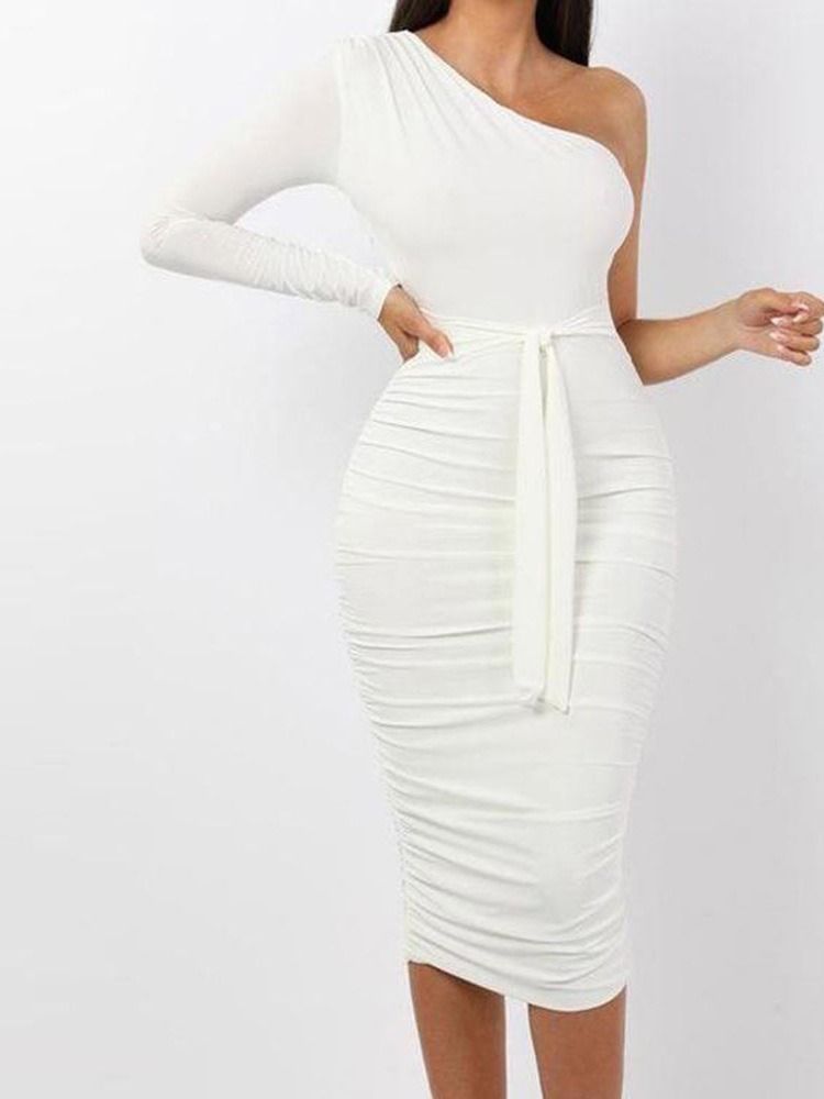 Langermet Mid-Calf Skrå Krage Stripe Bodycon Dress