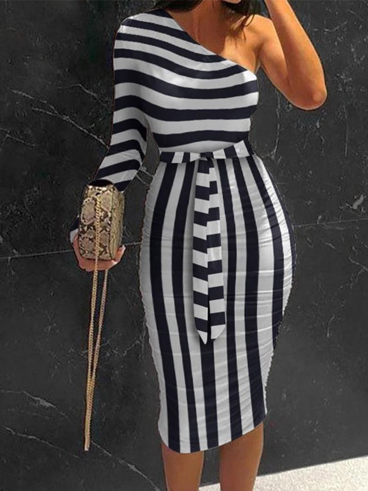 Langermet Mid-Calf Skrå Krage Stripe Bodycon Dress