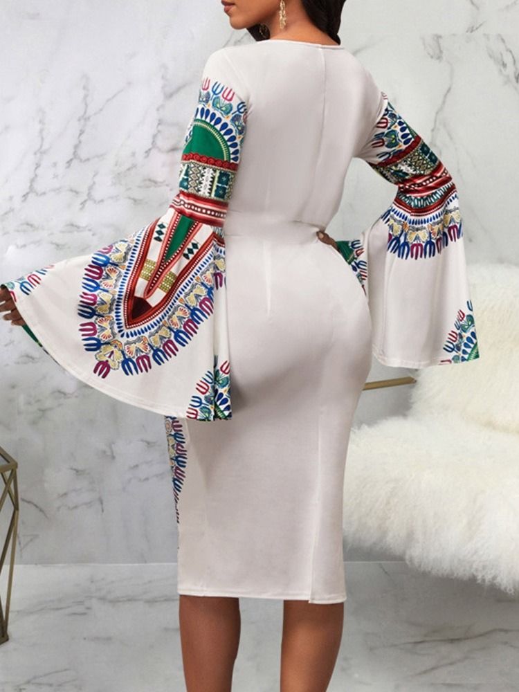 Langermet Print Kne-Lang High Waist Fashion Dress