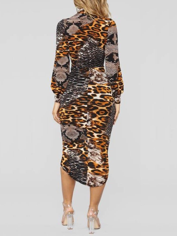 Langermet V-Hals Bodycon Leopard Kjole