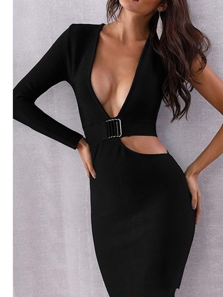 Liten Svart Kjole Langermet Hul V-Hals Bodycon Sexy Kjole