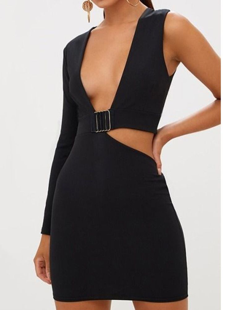 Liten Svart Kjole Langermet Hul V-Hals Bodycon Sexy Kjole