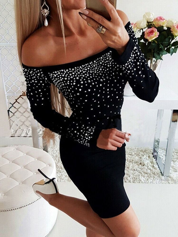 Long Sleeve Above Knee Diamond Cold Shoulder Bodycon Dress