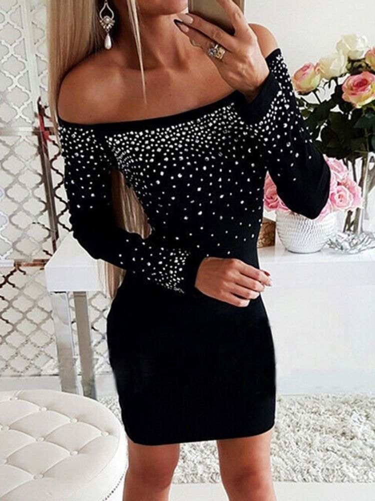 Long Sleeve Above Knee Diamond Cold Shoulder Bodycon Dress