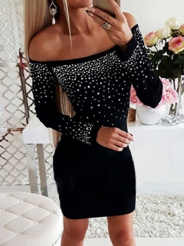 Long Sleeve Above Knee Diamond Cold Shoulder Bodycon Dress