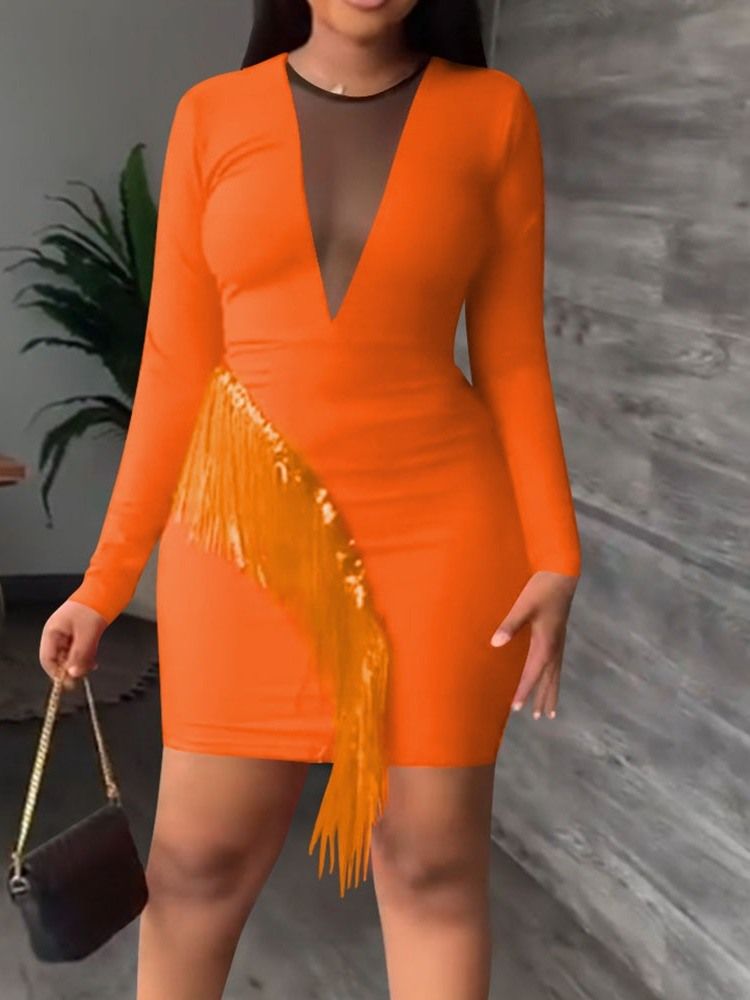 Long Sleeve Above Knee Tassel Fall Bodycon Dress