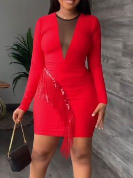 Long Sleeve Above Knee Tassel Fall Bodycon Dress