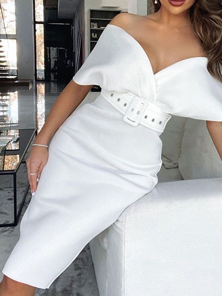 Mid-Calf Half Sleeve Off Shoulder Bodycon Fashion Dress