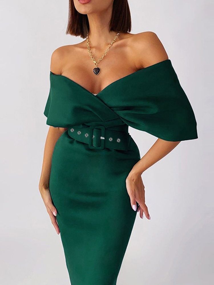 Mid-Calf Half Sleeve Off Shoulder Bodycon Fashion Dress