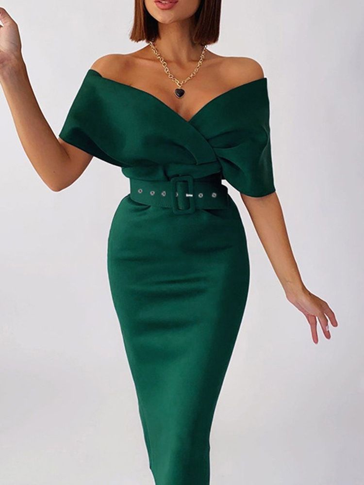 Mid-Calf Half Sleeve Off Shoulder Bodycon Fashion Dress