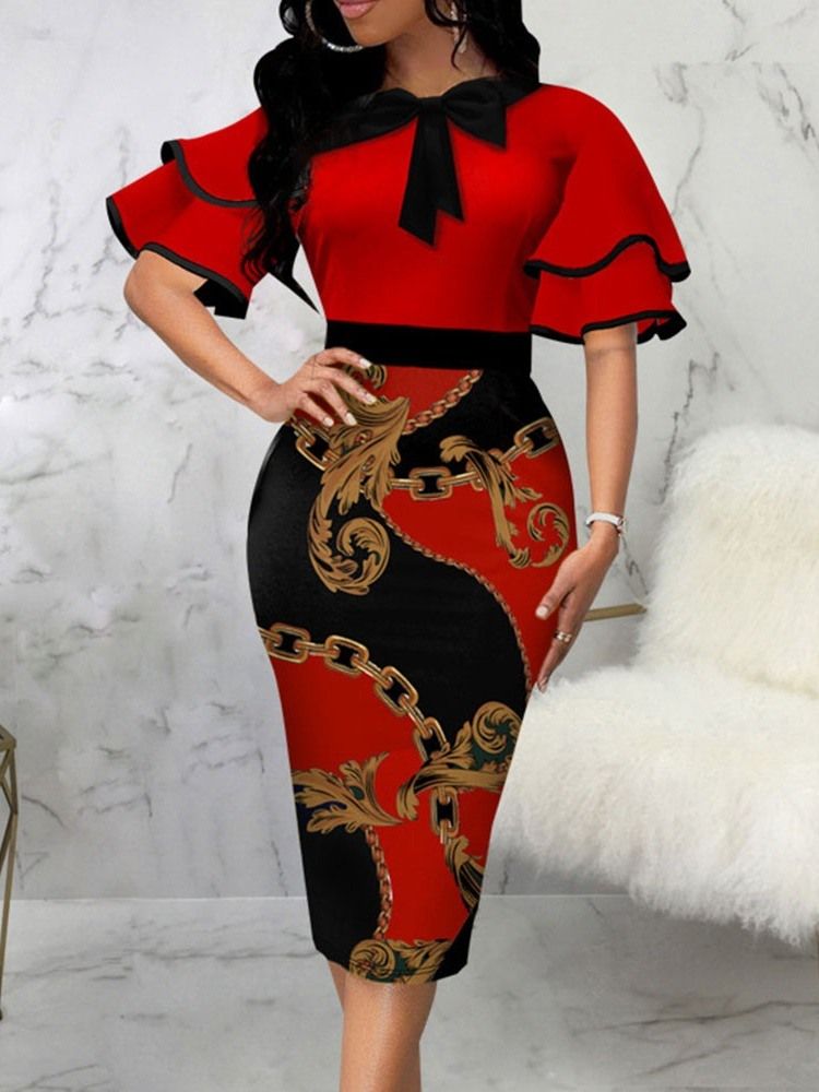 Mid-Calf Half Sleeve Print Bodycon Pullover Dress