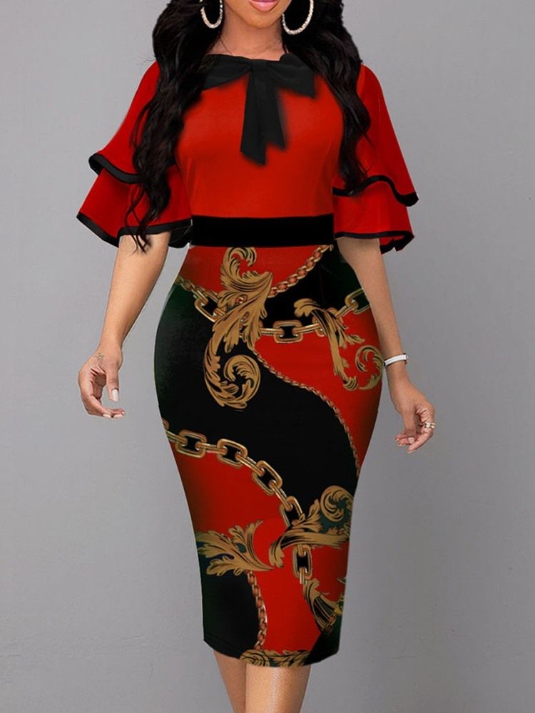 Mid-Calf Half Sleeve Print Bodycon Pullover Dress