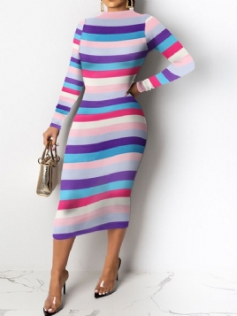 Mid-Calf Langermet Print Mid Waist Pullover Dress