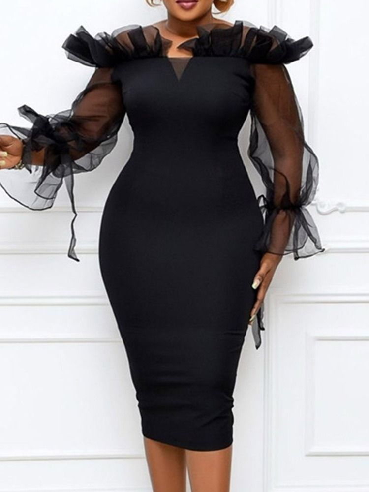 Mid-Calf Mesh Off Shoulder Pullover Pencil Dress