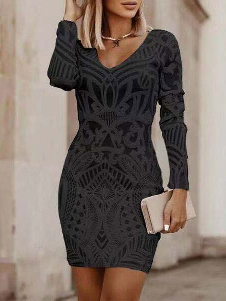 Mid-Calf Nine Points Sleeve V-Neck Pullover Bodycon Kjole Little Black Dress