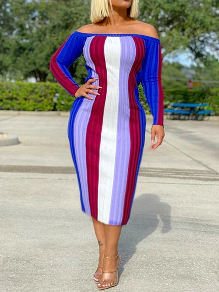 Mid-Calf Off Shoulder Langermet Stripe Bodycon Dress