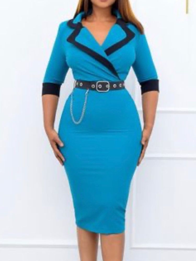 Mid-Calf Patchwork Trekvartsermet Color Block Bodycon Dress