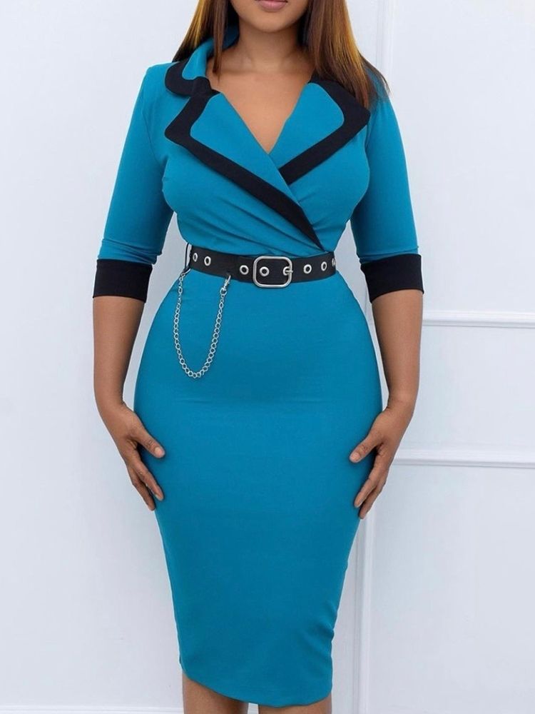 Mid-Calf Patchwork Trekvartsermet Color Block Bodycon Dress