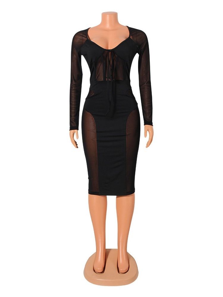 Mid-Calf See-Through Langermet Pullover Mid Waist Dress