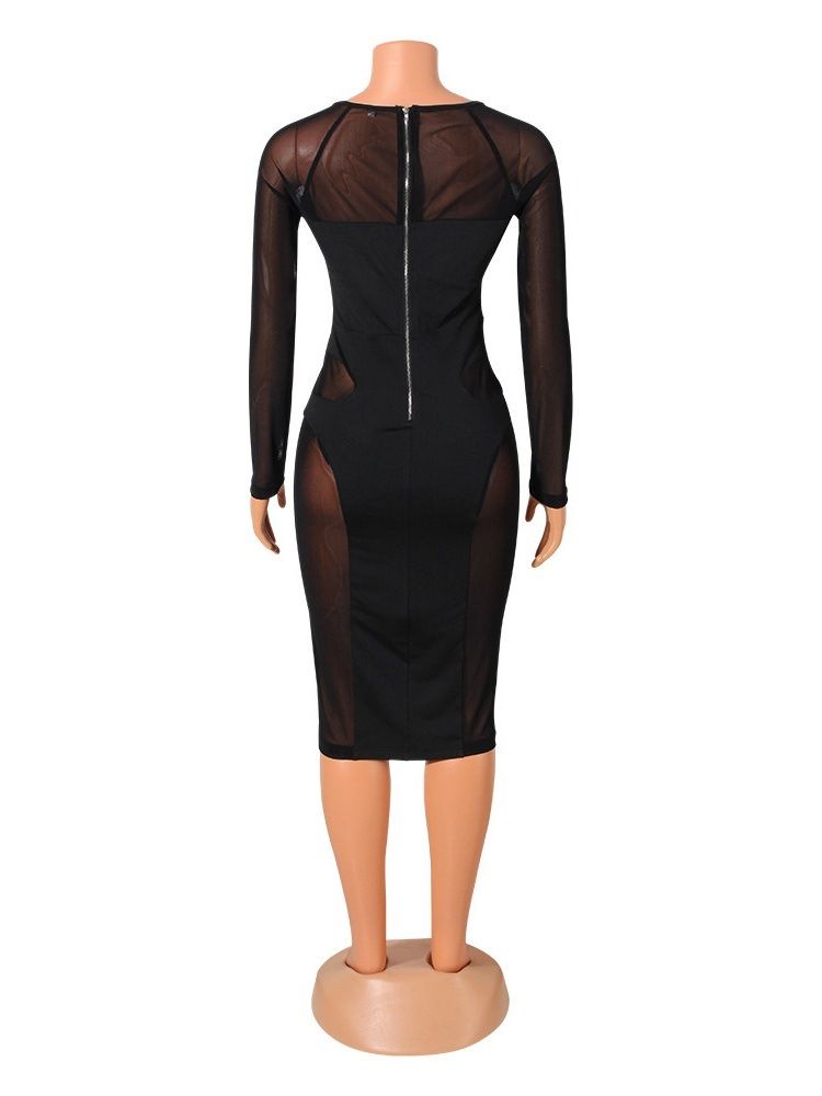 Mid-Calf See-Through Langermet Pullover Mid Waist Dress