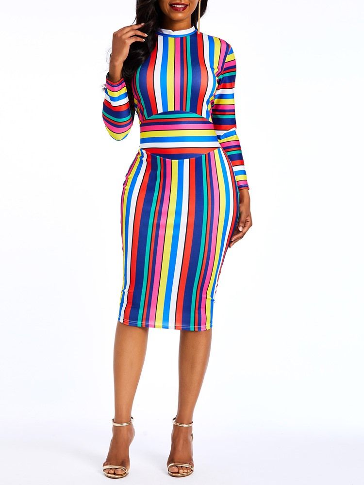 Nine Points Sleeve Kne-Lengde Stripe Color Block Dress