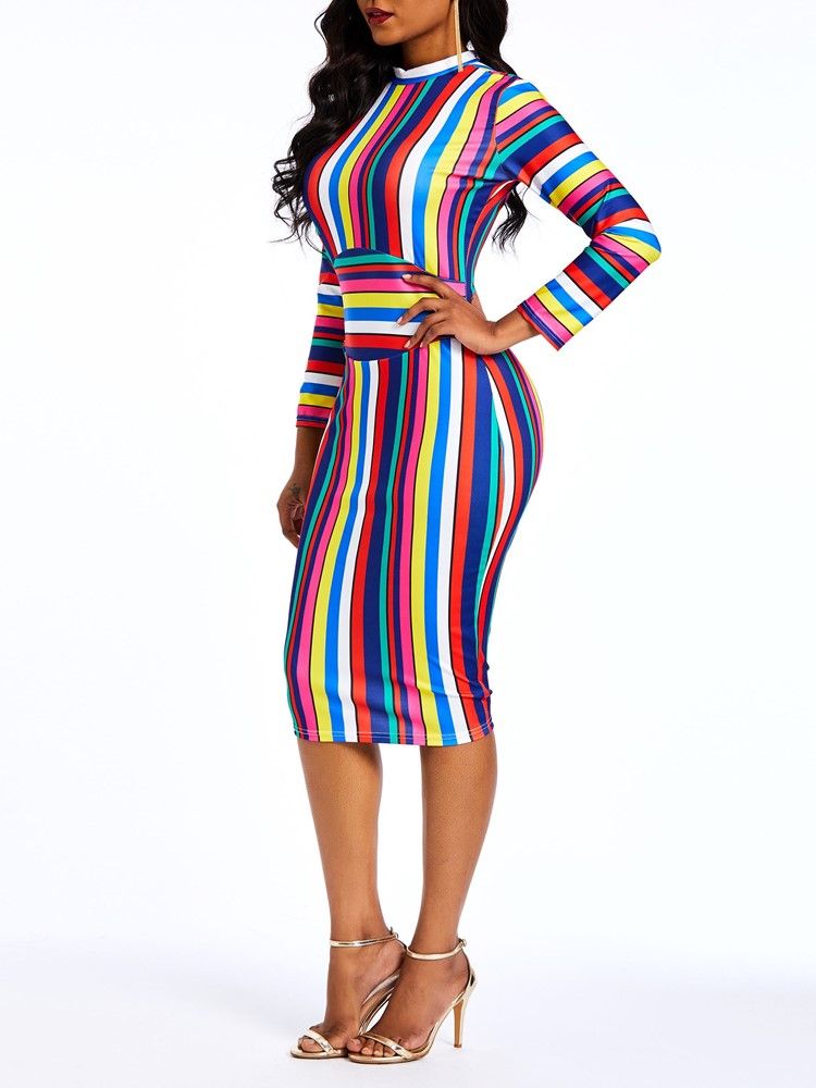 Nine Points Sleeve Kne-Lengde Stripe Color Block Dress