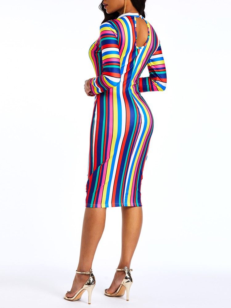 Nine Points Sleeve Kne-Lengde Stripe Color Block Dress