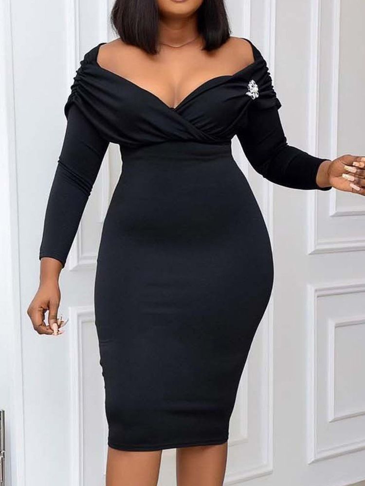 Nine Points Sleeve Mid-Calf High Waist Bodycon Dress