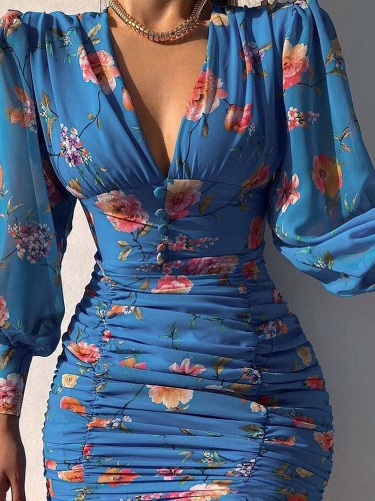 Nine Points Sleeve Print Above Knee Floral Sweet Dress