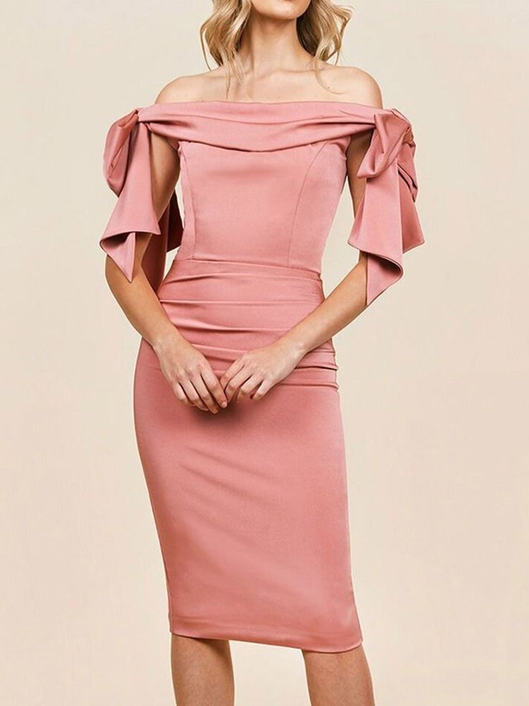 Off Shoulder Bowknot Mid-Calf Ladylike Bodycon Dress