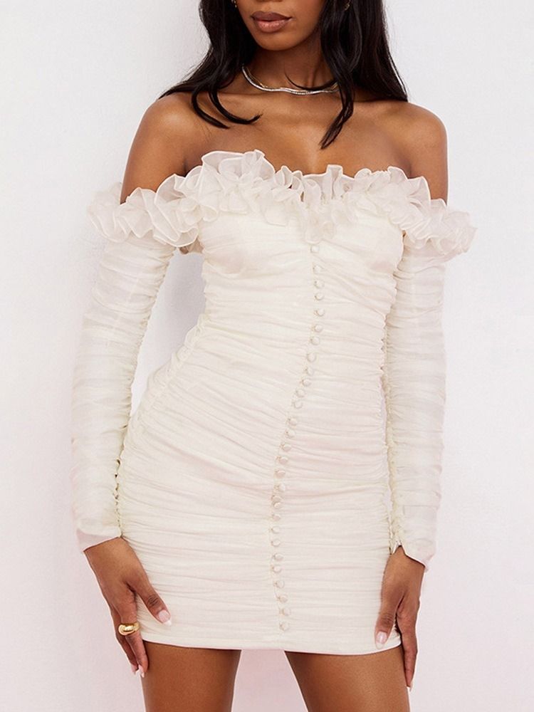 Off Shoulder Langermet Above Knee High Waist White Bodycon Dress