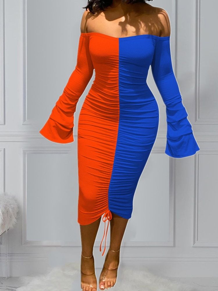 Off Shoulder Patchwork Mid-Calf Color Block Pullover Dress