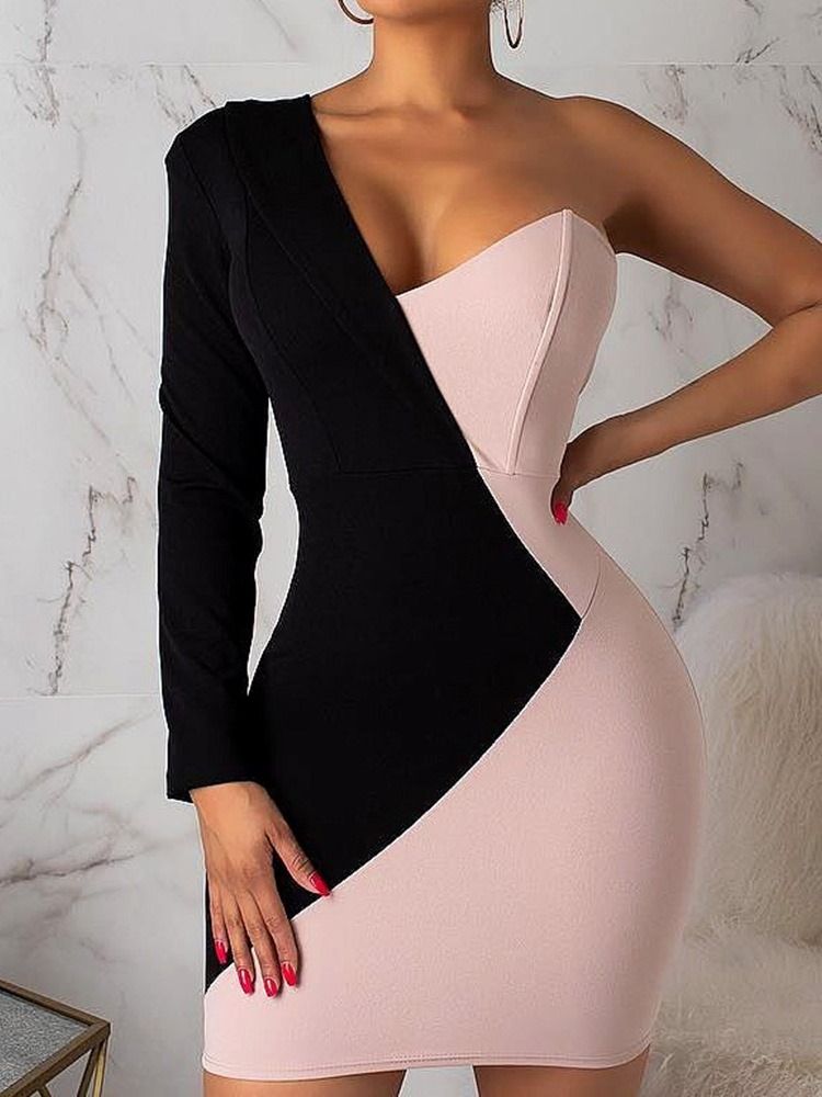 Over Kneet Langermet Patchwork Vanlig Høy Midje Bodycon-Kjole