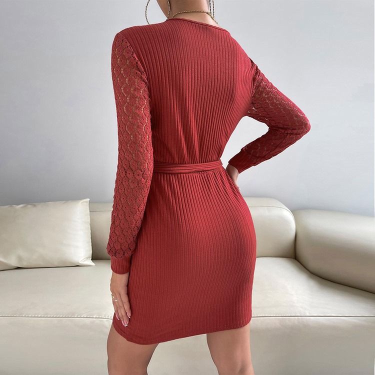 Over Kneet V-Hals Langermet Mote Vinter Bodycon Kjole