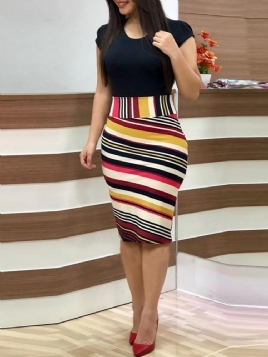 Patchwork Kne-Lang Rund Hals Stripe Bodycon Dress