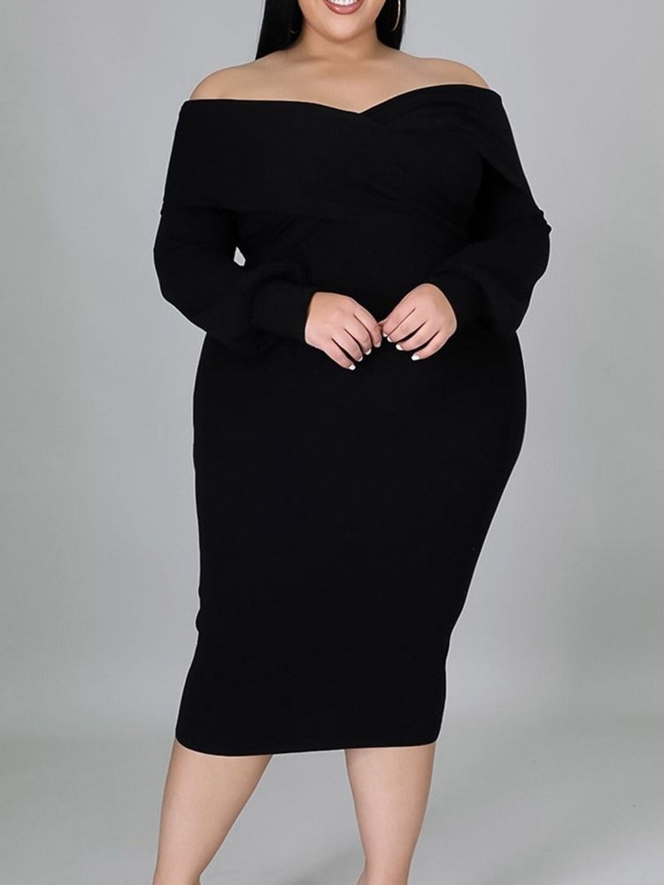 Plus Size Mid-Calf V-Hals Langermet Pullover Motekjole