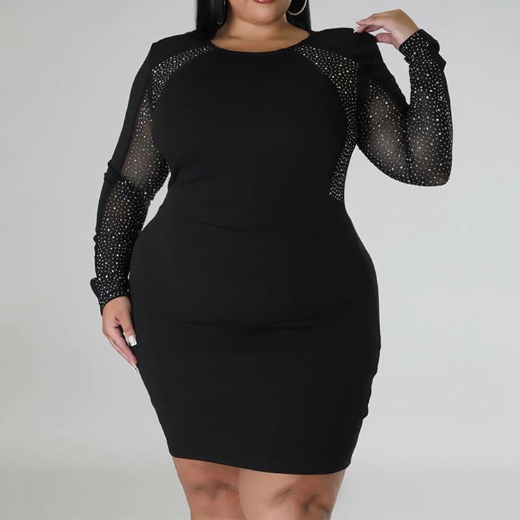 Plus Size Rund Hals Patchwork Over Kneet Fall Vanlig Bodycon Kjole