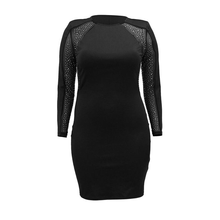 Plus Size Rund Hals Patchwork Over Kneet Fall Vanlig Bodycon Kjole