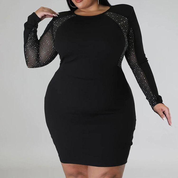 Plus Size Rund Hals Patchwork Over Kneet Fall Vanlig Bodycon Kjole