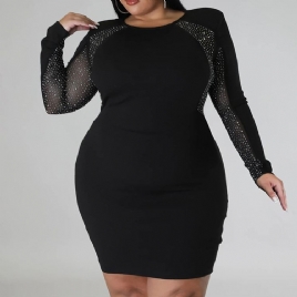 Plus Size Rund Hals Patchwork Over Kneet Fall Vanlig Bodycon Kjole