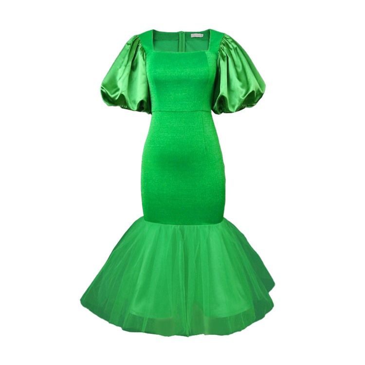 Plus Size Square Neck Mid-Calf Half Sleeve Puff Sleeve Bodycon Mermaid Dress