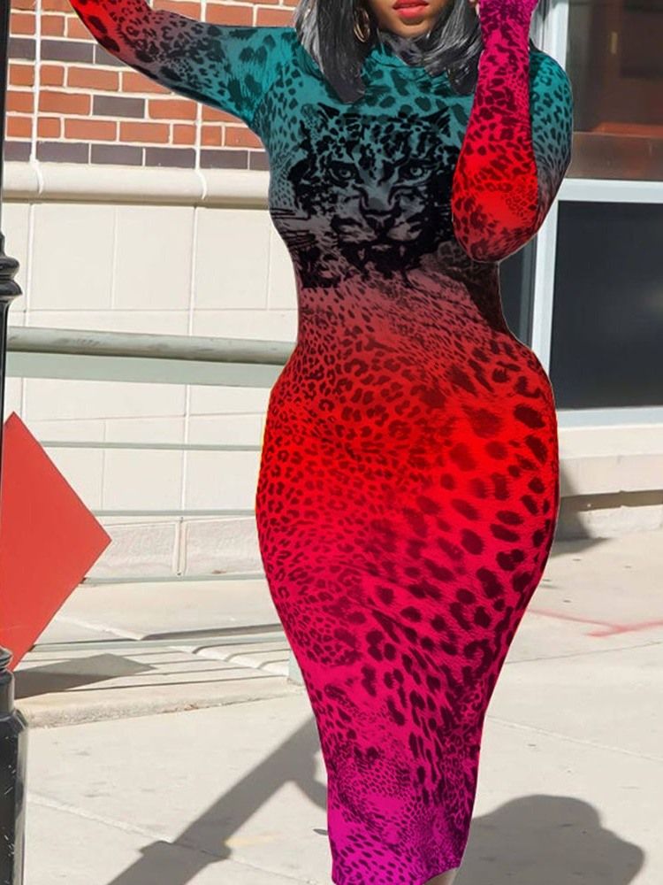 Print Mid-Calf Langermet Fashion Pencil Dress