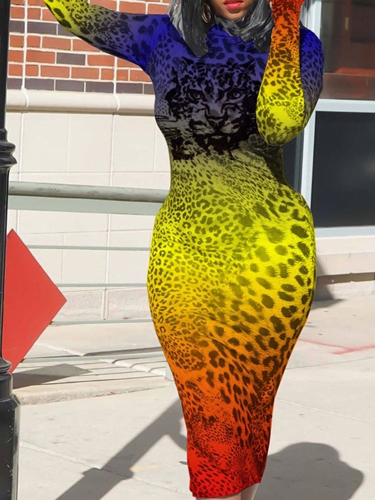 Print Mid-Calf Langermet Fashion Pencil Dress