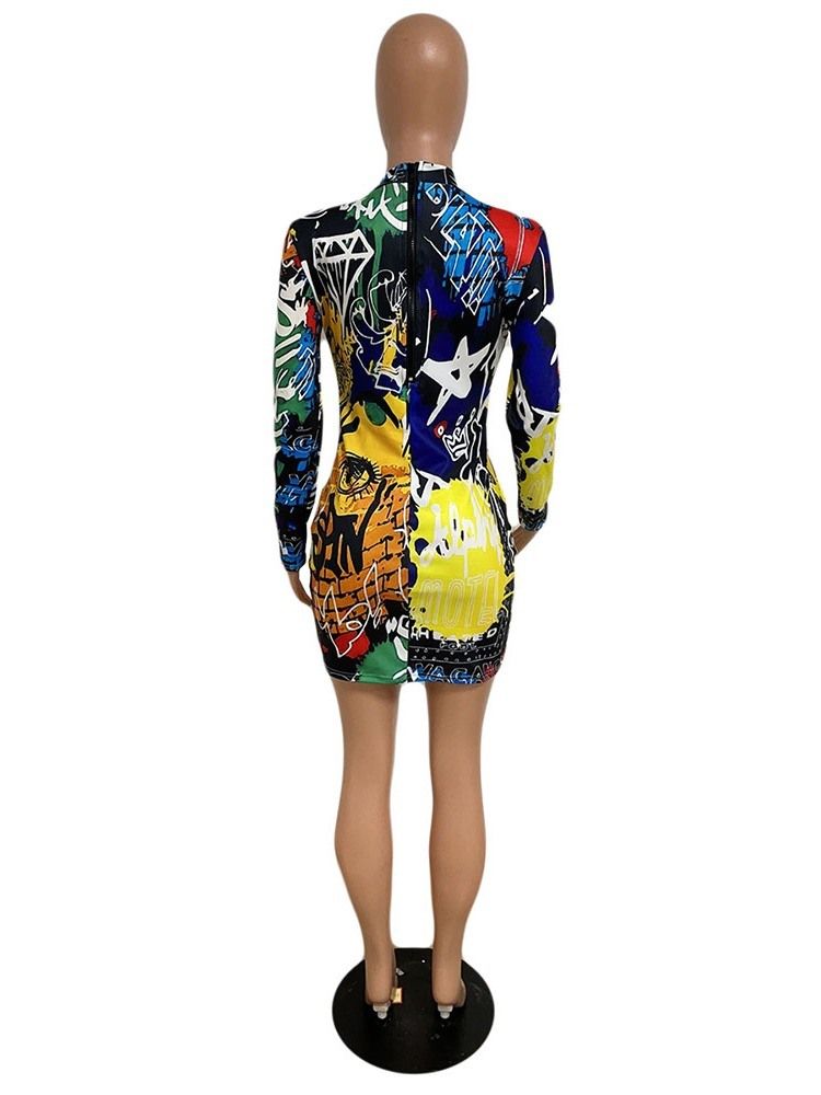 Print Stand Collar Langermet Fall Regular Bodycon Dress