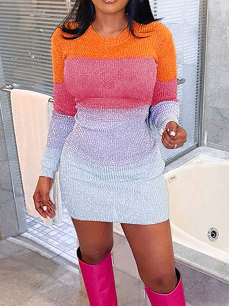 Rund Hals Patchwork Langermet Regular Color Block Bodycon Dress