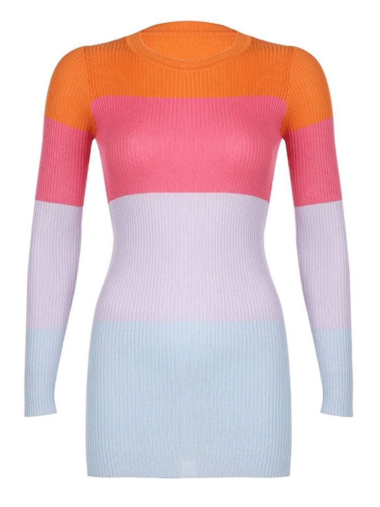 Rund Hals Patchwork Langermet Regular Color Block Bodycon Dress