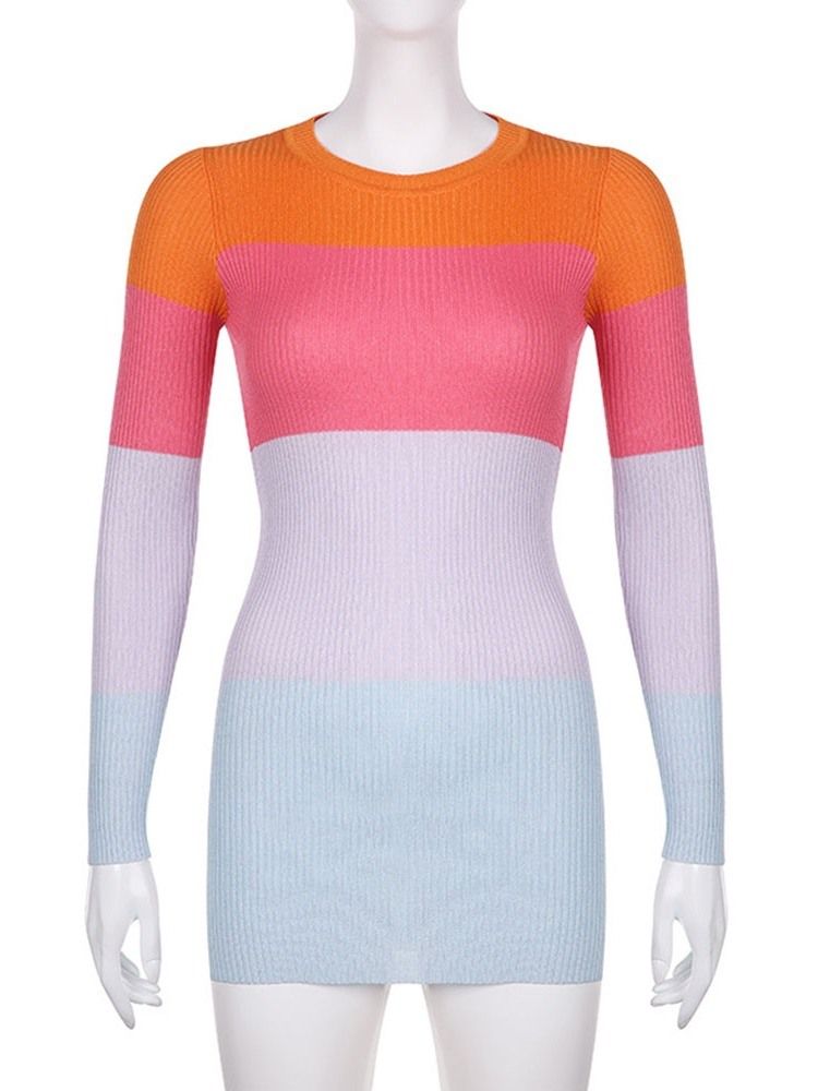 Rund Hals Patchwork Langermet Regular Color Block Bodycon Dress