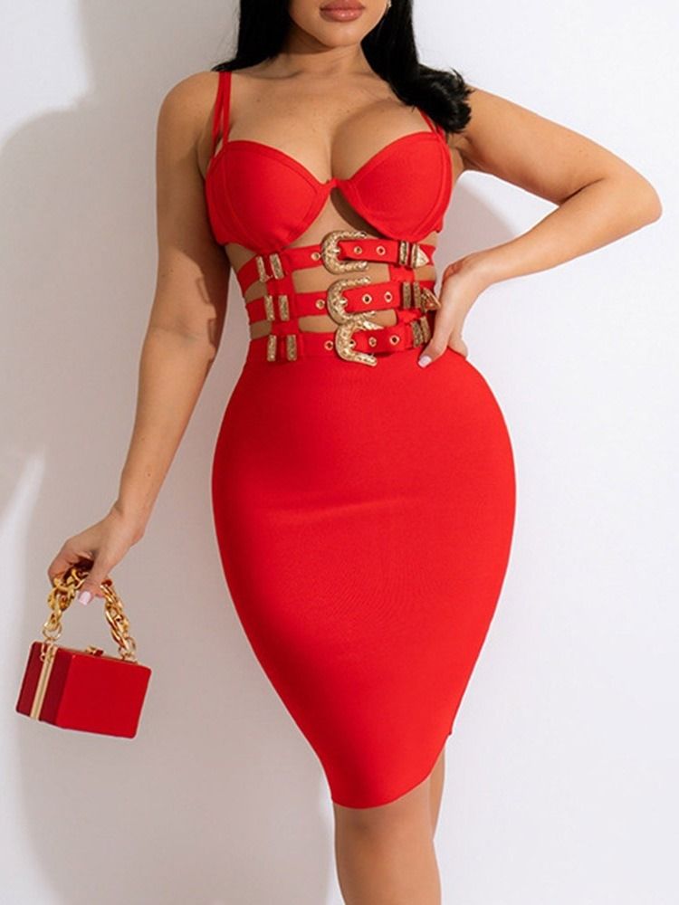 Ryggløs Kne-Lengde Ermeløs Spaghetti Strap Fashion Bodycon Dress