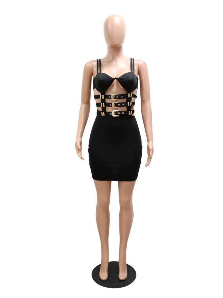 Ryggløs Kne-Lengde Ermeløs Spaghetti Strap Fashion Bodycon Dress