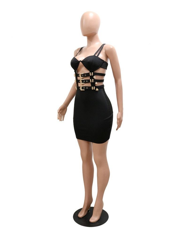 Ryggløs Kne-Lengde Ermeløs Spaghetti Strap Fashion Bodycon Dress